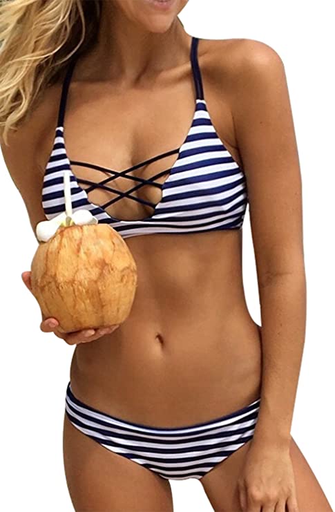 4. CUPSHE Women's Stripe Printing Strappy Cross Padding Bikini Set