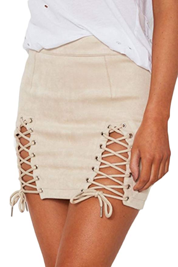 8. Women's sexy high waist lace up bodycon faux suede split tight mini skirt