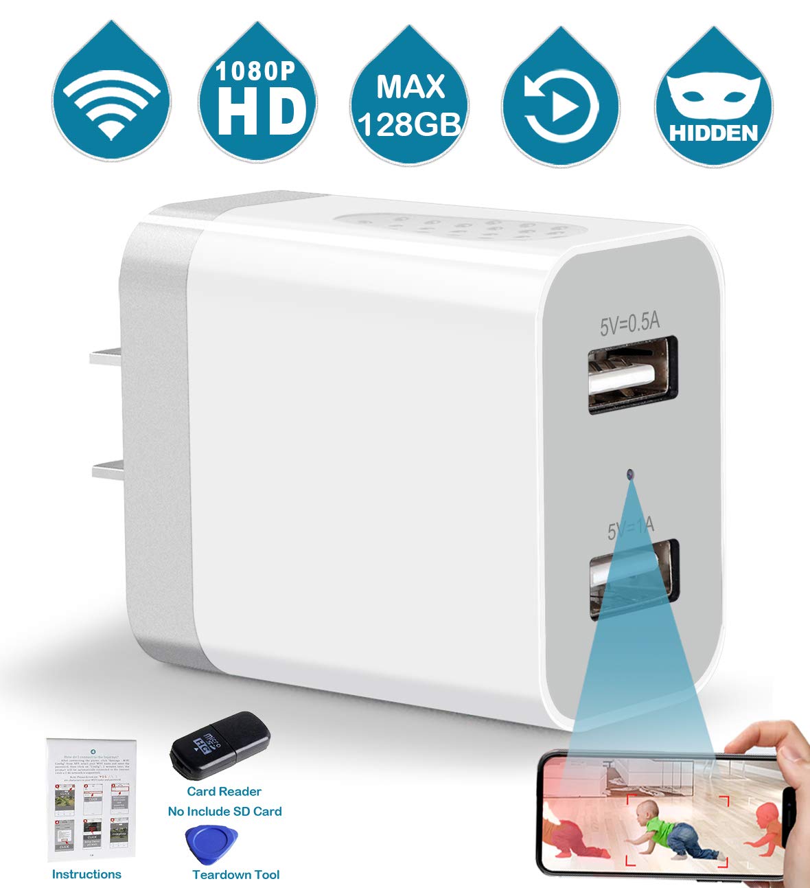 2. 1080P HD Hidden Camera Wall Charger Nanny Cam with Remote