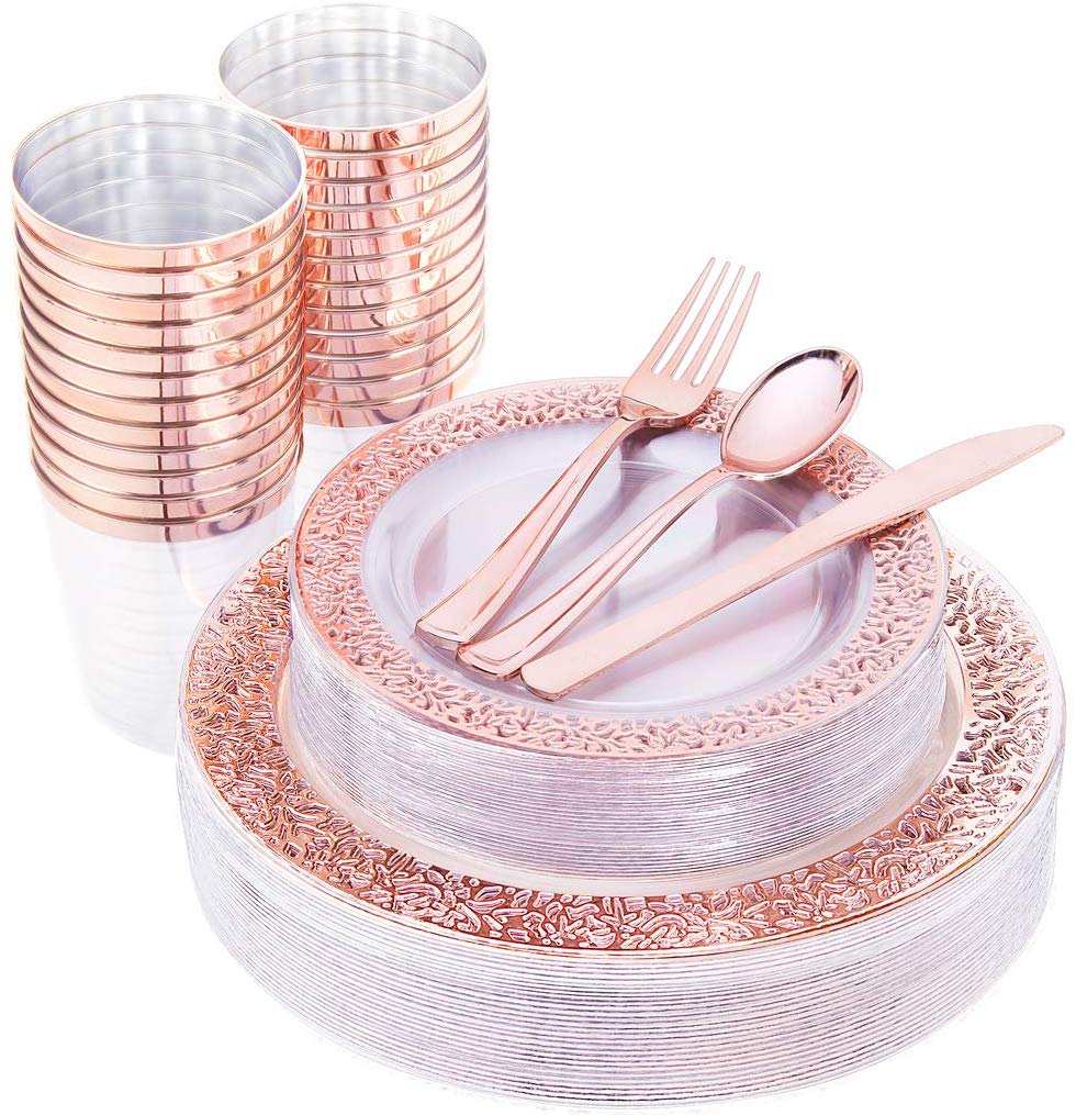 3. one hundred thousand one hundred fifty Pcs Rose Gold Plastic Plates and tableware