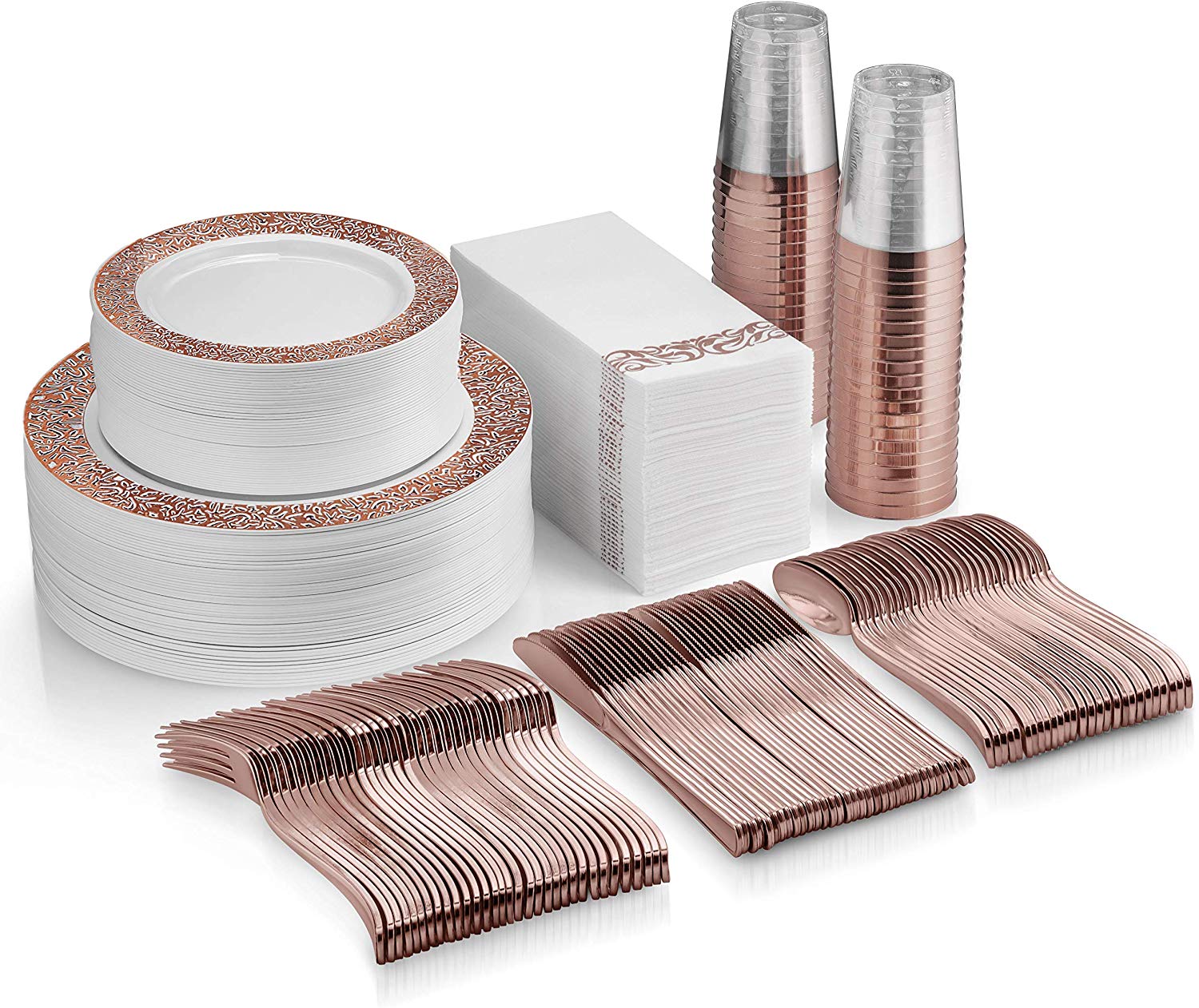 1. 350 Piece Rose Gold tableware Set-100 Rose Gold Lace Plastic Plates