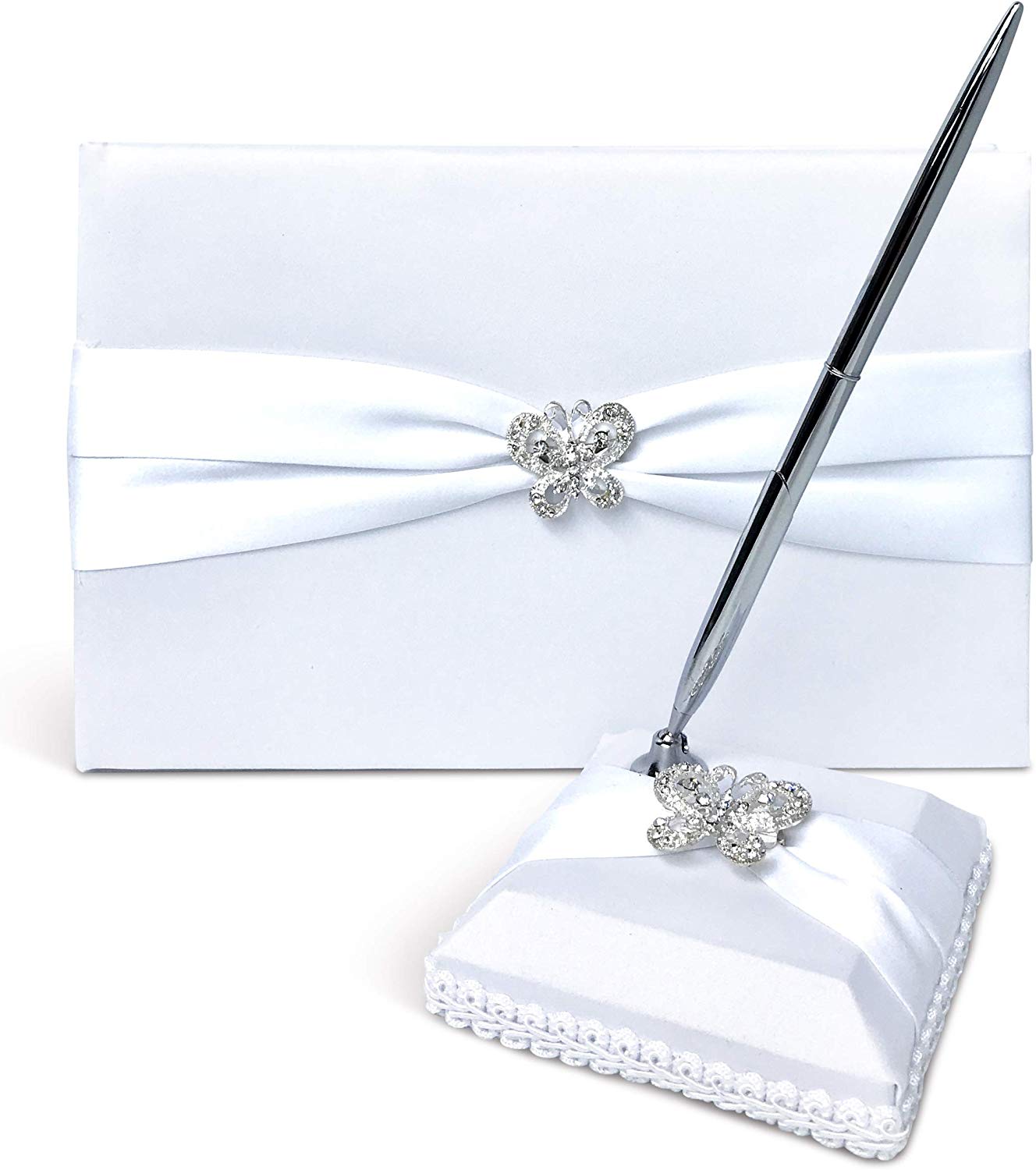 6. Guestbook And Wedding Pen | Wedding Guestbook Game With An Aligned Page For Login | Rhinestones With White Butterflies And Satin With A Classic Twist