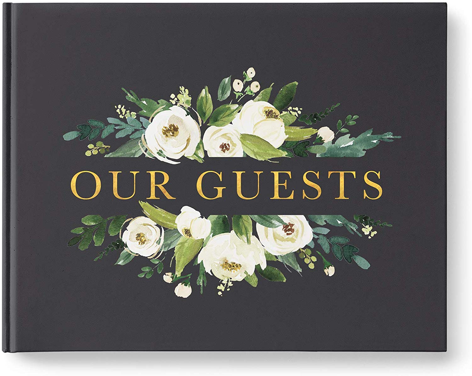 7. Wedding Guestbook, Golden Leaf Letter, Great Guestbook, A Guestbook For The Photo Booth, Dark Charcoal With White Flowers, 10.9 X 8.75-Inch Hardcover Book With 80 Blank White Pages, Made In The USA