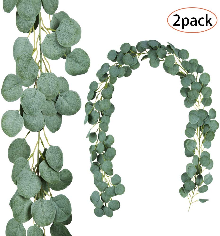 9. TOPHOUSE 2 Pack 6.5 Feet Artificial Silver Dollar Eucalyptus Garland