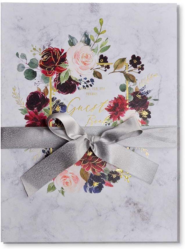 1. Guest Book Wedding Lohodo Marble Floral Hardcover Signature Entry Guestbook For Wedding Shower Baby Shower Birthday Party Birthday With Silver Silk Ribbon