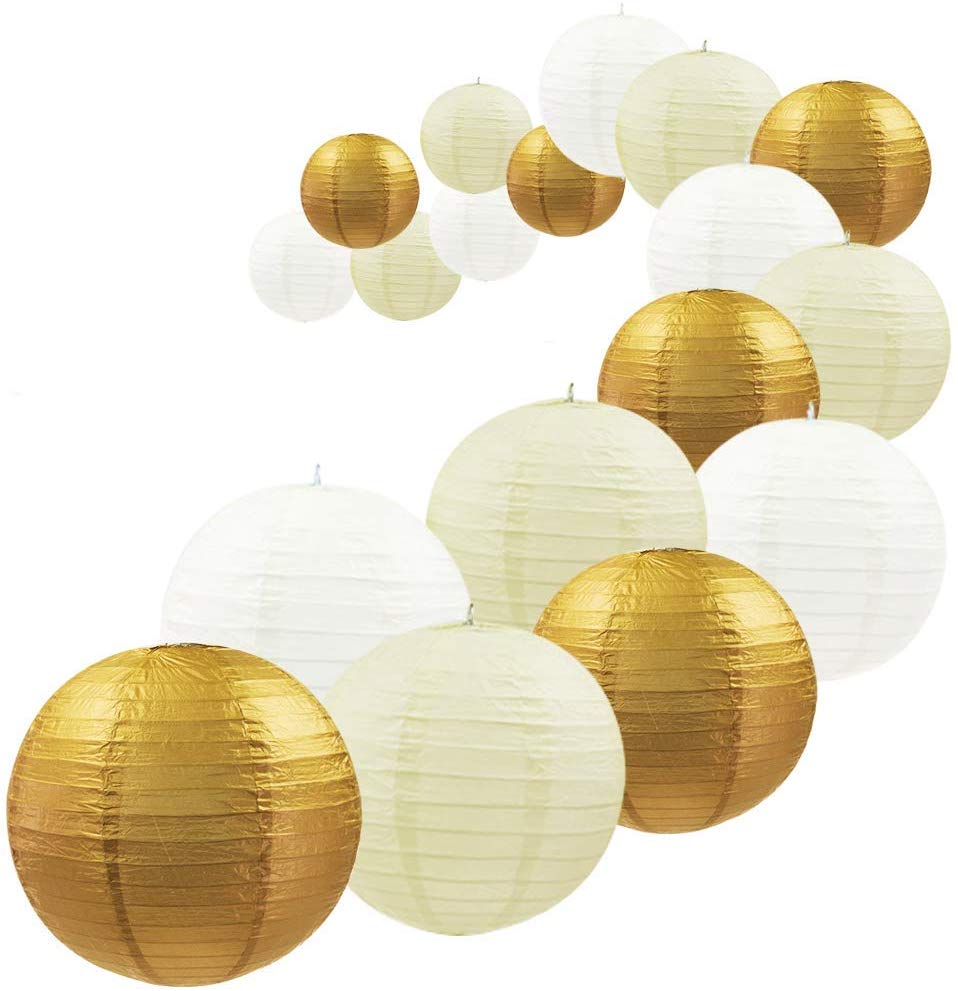 10. UNIQOOO 18Pcs Gold Foil Paper Lantern Set,5 Size Mix, Reusable Hanging Decorative Japanese Chinese Paper Lanterns Lamps, Easy Assembly, For Birthday Wedding Baby Shower Christmas Party Decor Supplies Kit