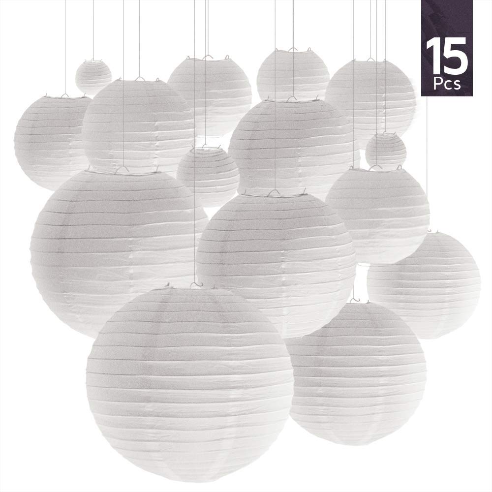 8. 15 Packs Chinese White Paper Lanterns for Hanging Decorations with Assorted Sizes - Great for Weddings & Christmas & Parties & Birthdays!