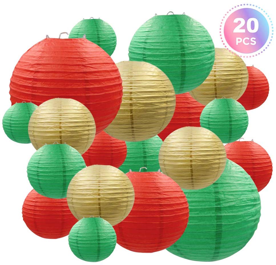 5. Christmas Party Paper Lanterns 20 pcs, Metallic Gold & Red & Green Christmas Color Japanese/Chinese Lantern Lamp Garland for Indoor Outdoor, by BllalaLab