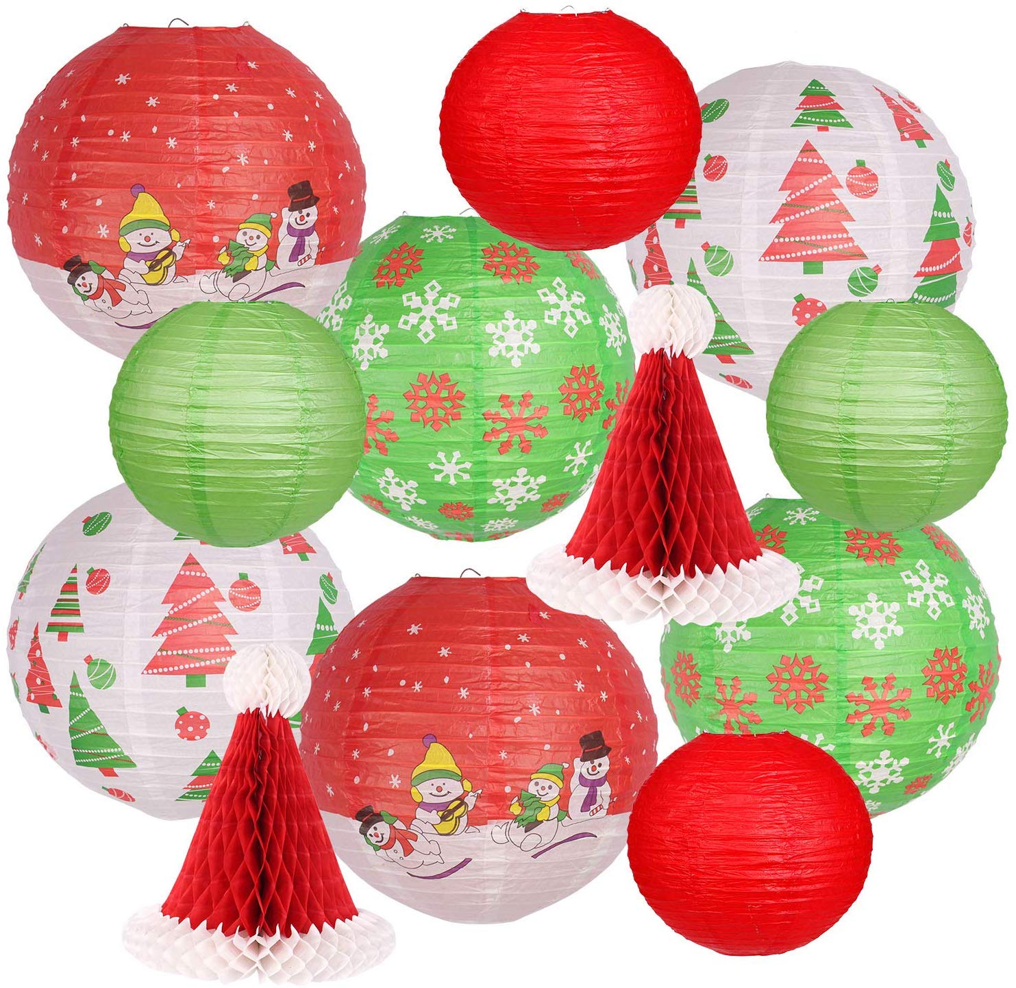 2. Christmas Hanging Paper Lanterns Set Decorative Lantern Lamps Christmas Santa Hats Christmas Tree Snowman Old Man for Christmas Party Home Decoration Party Supplies Props (Green, Red)