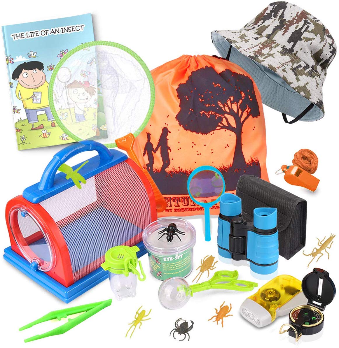 6. Outdoor Explorer Kit & Bug Catcher Kit with Binoculars, Flashlight, Compass, Magnifying Glass, Critter Case, and Butterfly Net Great Toys Kids Gift for Boys & Girls Age 3-12-Year-Old Camping Hiking by ESSENSON