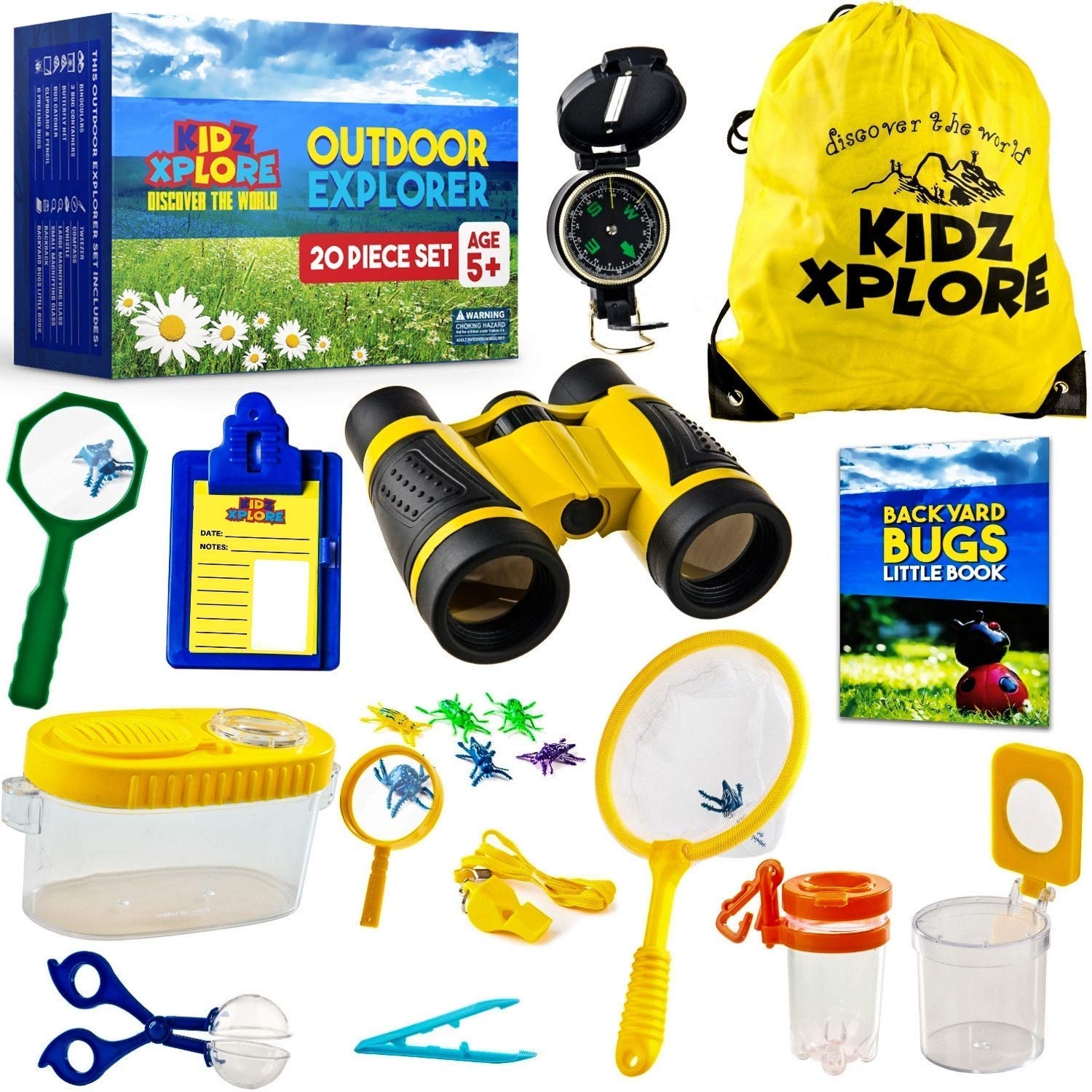 7. Kidz Xplore Outdoor Explorer Set 20 pc - Nature Exploration Kit Children Outdoor Games Mini Binoculars Kids, Compass, Whistle, Magnifying Glass, Bug Catcher, Adventure, Fishing, Hiking Educational Toy by Kidz Xplore