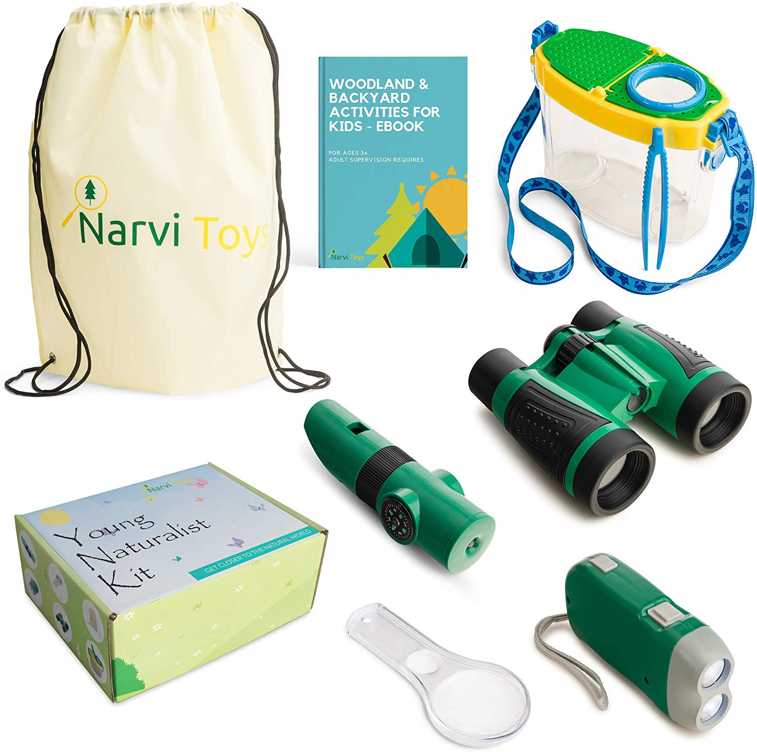 3. Narvi Toys-Outdoor Explorer Kit & Bug Catcher Kit-Binoculars, Magnifying Glass, Bug Catcher, Flashlight, 5 in 1 Tool, Great Kids Gift Set, STEM Toys, Educational Toys, Nature Toys for Camping, Hiking by Narvi Toys
