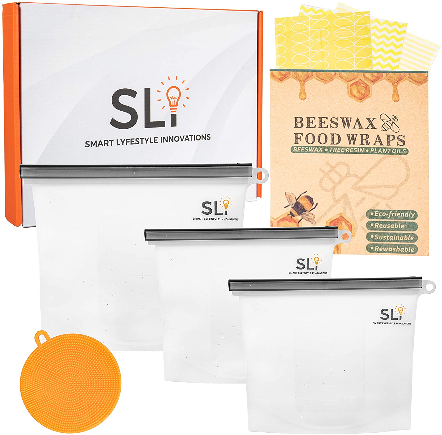 2. Smart Lyfestyle Innovations Food Bags: Reusable Silicone Food Storage Bag Set with Beeswax Food Wrap and Scrubber - Washable and Sustainable Sandwich, Snack and Freezer Bags with Slider Zip Lock Seal