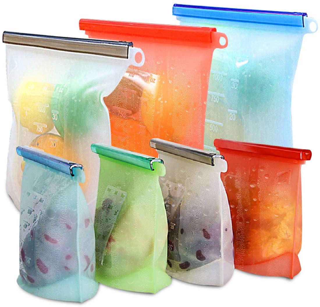 5.Reusable Silicone Food Storage Bags,WOHOME Airtight Seal Food Preservation Bags/Food Grade/Versatile Preservation Bag Container for Sandwich, Sous Vide, Freezer Storage, 3xLarge 50oz+4xSmall 30oz