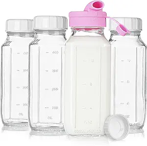 10. 4 Pack 16 Oz Square Glass Milk Bottles with Silicone Dispenser Cap