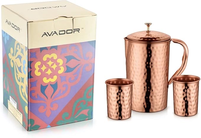 9. AVADOR Handcrafted Copper Jug with 2 Glasses