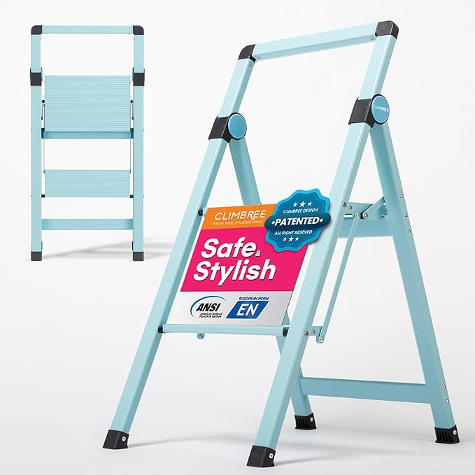 1. 2 Step Ladder in Azure Blue – Collapsible, Portable, Stylish